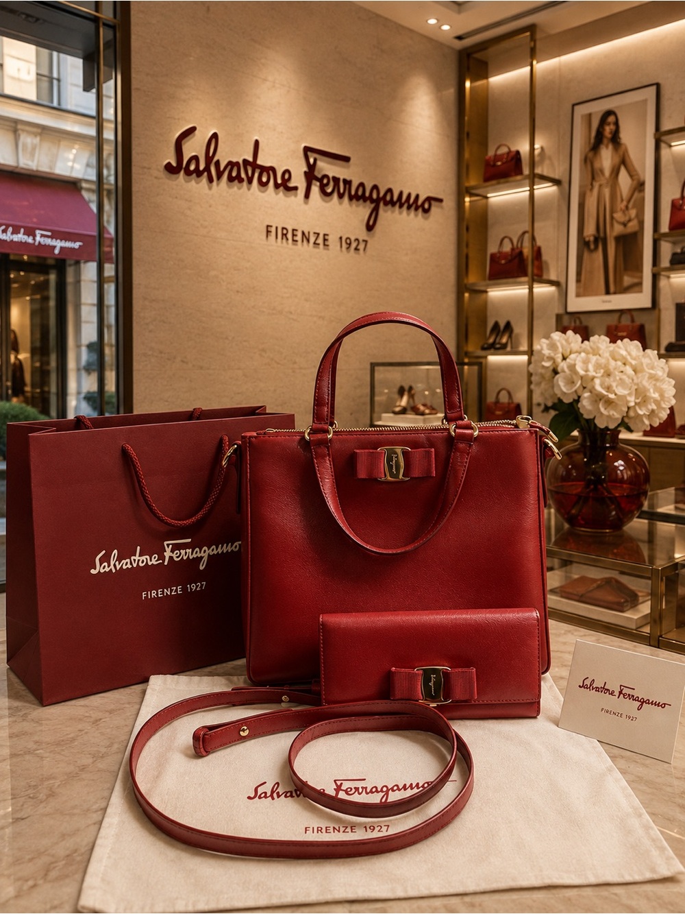 Full set Salvatore Ferragamo red saffiano Tracy purse and wallet with Vara bows